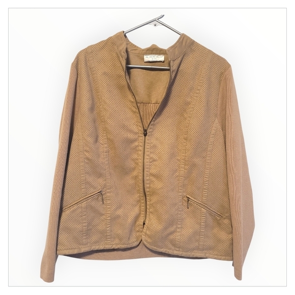 Allison Daley Petite Tan Faux Suede Zip Jacket Perforated Lightweight - Picture 2 of 10